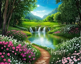 Serene Garden Path Art Print, Waterfalls, Botanical Landscape Decor (36" x 40")