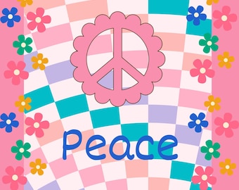 Retro 70s Peace Quote Print, Peace Sign Hippie Poster Printable, Boho Floral Wall Art, Digital Download Groovy Decor, Frameable