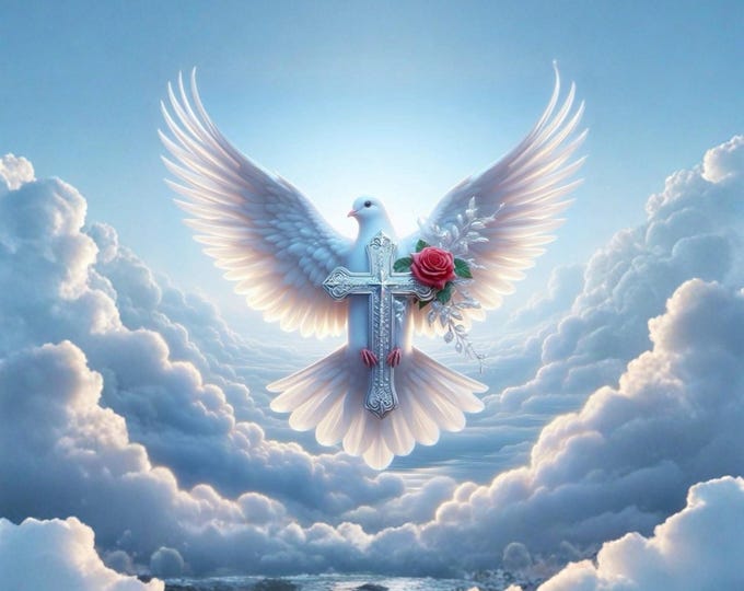 Dove Cross Rose Print, Spiritual Cloud Artwork, Faith Inspired Decor