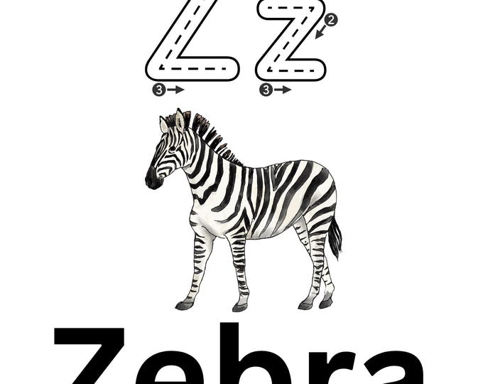 Z, Educational and fun learning the alphabet and animals with traceable letters,  digital download, printable @ home, fun with letters