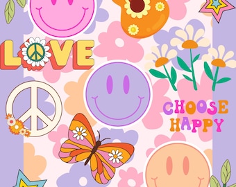 Happy Place Decor, Choose Happy, Hippie Smiley Face Wall Art, Printable Boho Poster with Flowers, Stars, Peace Sign, Love, Butterfly, Guitar