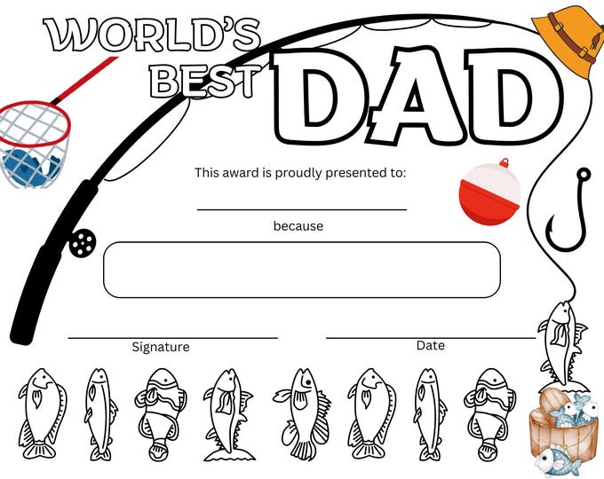 Father's Day Fishing Certificate, Printable Award with Fishing Pole, Fish, Net, Bobber, Hook, and Hat, Do It Yourself Card for Dad.