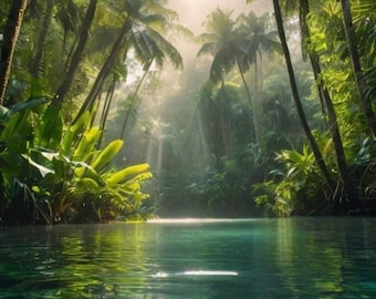 Tropical Jungle Stream Print: Lush Nature Wall Art (16x20 inches)