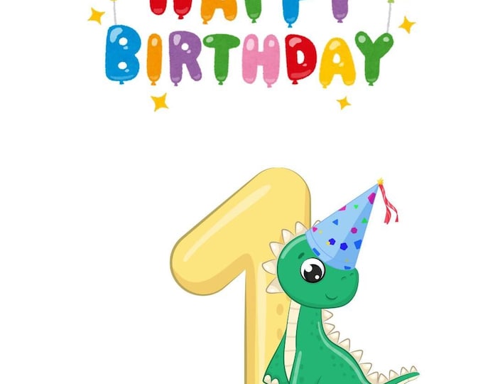 Dinosaur 1st Birthday Card, Cute Baby Dino with Party Hat, Cupcake and Gift, May Your Special Day Be Filled with Joy, Laughter and Cake.