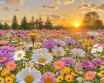 Daisy Field Sunset Print: Colorful Wildflower Meadow Landscape (30x20 Digital Print)