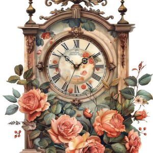 Vintage Clock With Roses and Greenery, Romantic Floral Wall Art, 16x20 ...