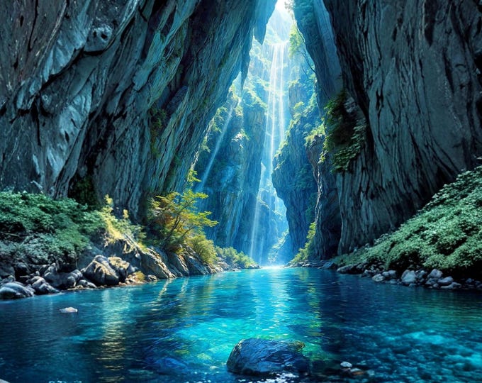 Cavern Waterfall Print, Hidden Cave Photography, Mystical Nature Decor, Moody Landscape Art