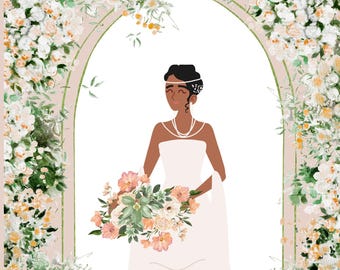African American Bride Art Print 16x20 – Peach & White Floral Archway, Wedding Wall Decor, Elegant Black Woman Holding Flower Bridal Poster