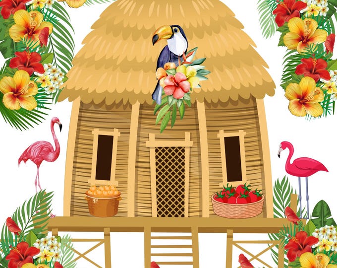 Tropical Hut Wall Art Print, Island Scene with Flamingos, Toucan, Fruit Baskets, and Tropical Flowers, Exotic Jungle Beach Decor