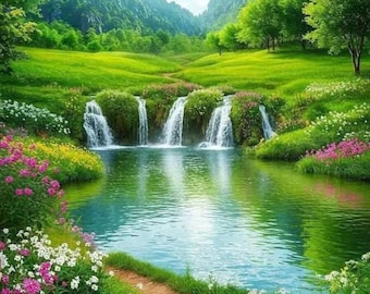 Lush Garden Path Wall Art, Digital Download 8.5 x 11" with Green Foliage, Pink & White Flowers, Mini Waterfalls, Tranquil Nature Landscape