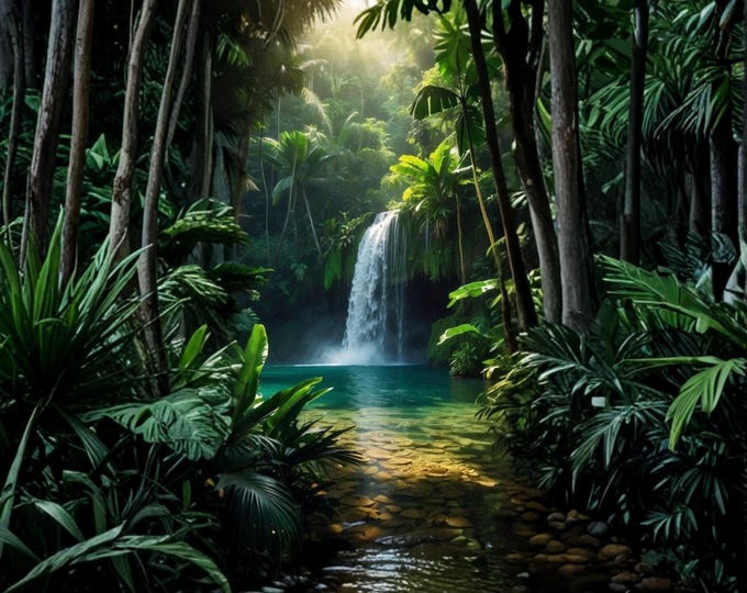 Lush Green Waterfall Wall Art, Serene Forest Landscape Photography, Tranquil Nature Decor