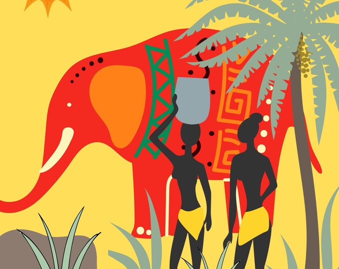 African Elephant Wall Art Print 16x20, Tribal Woman Carrying Water, Sun & Greenery, Afrocentric Decor, Nature and Culture Poster