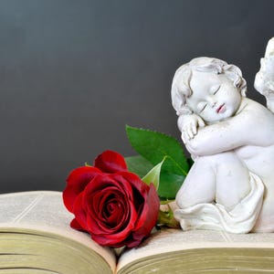 お子様の死を悼むお悔やみカード、開いた聖書に描かれた天使とバラ、キリスト教のお悔やみ、悲しみの中の平安と慰め、信仰に基づいたカード