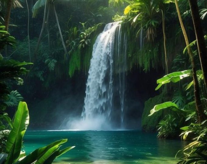 Jungle Waterfall Wall Art, Lush Foliage Tropical Scene, Nature Landscape Print for Home Decor digital download, printable, frameable