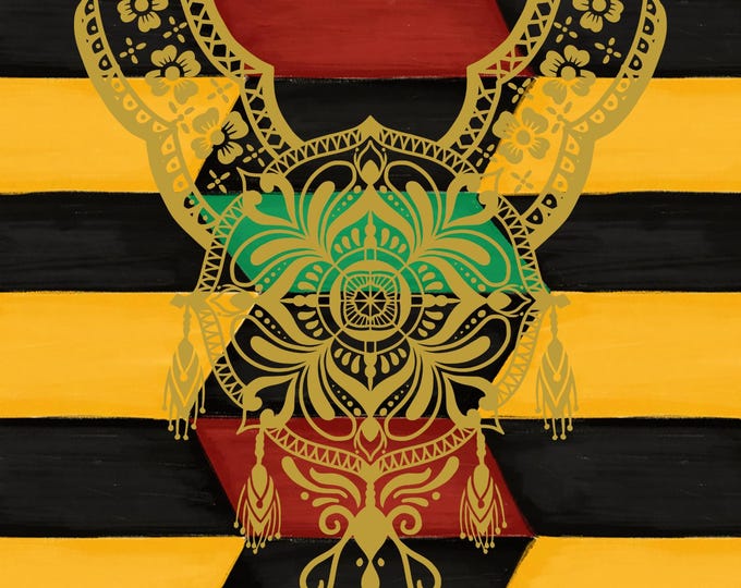 African Geometric Art Print 16 x 20, Black, Gold, Red, and Green Tribal Pattern, Ornate Gold Design, Ethnic Wall Decor