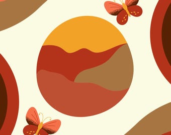 Boho Butterfly Art Print: Abstract Waves, Circles - Salmon, Beige, Gold