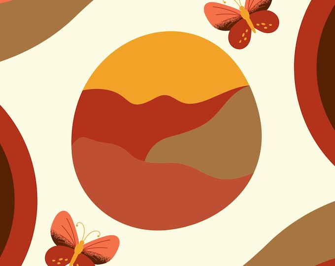 Boho Minimalist Decor, Abstract Butterfly Art Print with Waves and Circles, Salmon, Beige, Gold, Burgundy, and Brown Modern Wall Art.