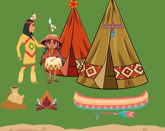 Native American Art Print 16x20, Teepees, Canoe and Paddle, Campfire, Drum and Jug by the Lake, Indigenous Inspired Wall Decor