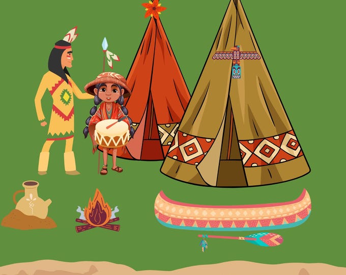 Native American Art Print 16x20, Teepees, Canoe and Paddle, Campfire, Drum and Jug by the Lake, Indigenous Inspired Wall Decor