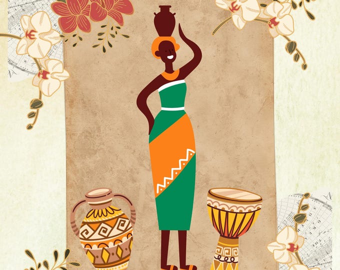 African Woman Art Print 16x20, Lady Carrying Water Jug, Tribal Decor with Drum, Jug, and Flowers, Ethnic Wall Art