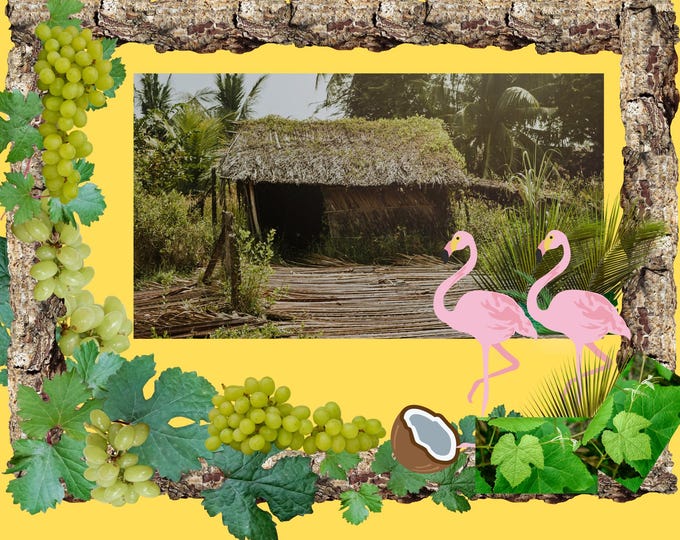 Tropical Poster with Grass Hut, Flamingos, Grapes and a Coconut, Island Wall Art, Beach House Decor, Fun Summer Printable Art