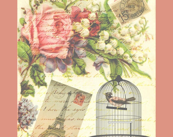 Vintage Roses, Postage Stamps, and Bird Cage, Shabby Chic, Vintage-inspired Roses, Stamps, and Bird Cage, Victorian Printable.
