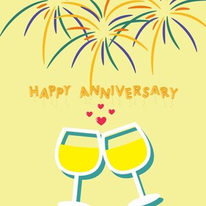 Tarjeta de aniversario para una pareja especial, fuegos artificiales, brindis con copas y globos, elegante tarjeta de celebración para el amor y los hitos, felicitaciones