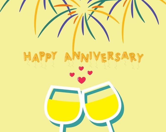 Anniversary Card for Special Couple, Fireworks, Toasting Glasses and Balloons, Elegant Celebration Card for Love and Milestones, Congrats
