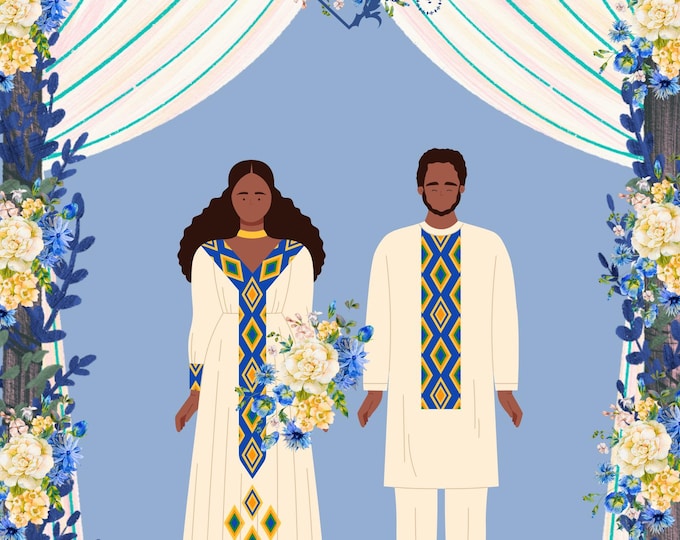 African Wedding Art Print, 16x20 Wall Decor of Black Couple Under Floral Arch, Blue and White Flower Wedding Ceremony Print