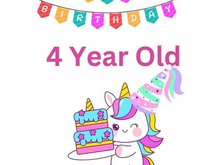 Unicorn Birthday Card for Girl, Cute Unicorn with Cake, Hope All Your Wishes Come True, Sparkly Diamonds Kids Birthday Card for 4-year-old