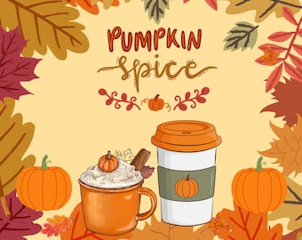 Pumpkin Spice Fall Art Print – Autumn Leaves & Coffee (18x24)