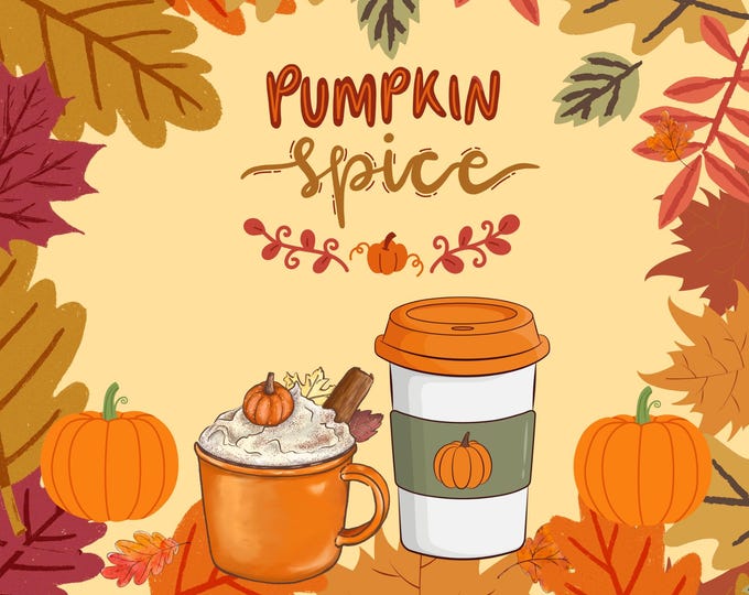 Pumpkin Spice Fall Wall Art Print 18x24 – Autumn Leaves Border & Coffee Cups – Cozy Fall Kitchen Decor – Seasonal Printable Sign