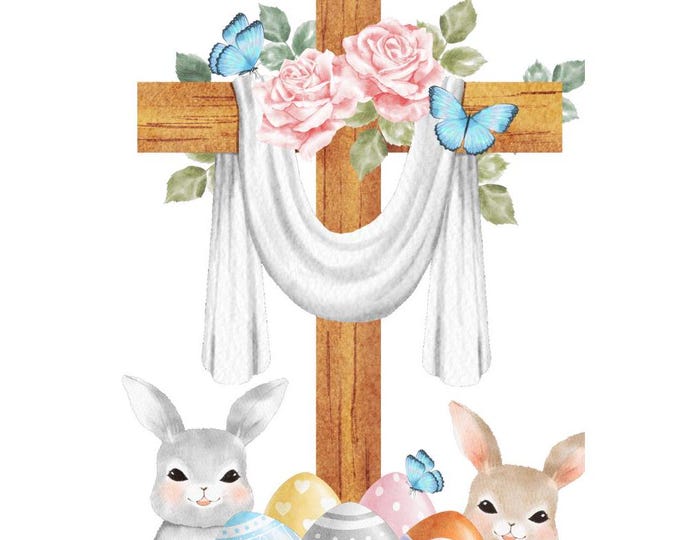 Faith-based Easter Card, Inspirational card, Easter card, cross, flowers, bunnies, He is Risen Hallelujah, Christ is Risen, religious Easter