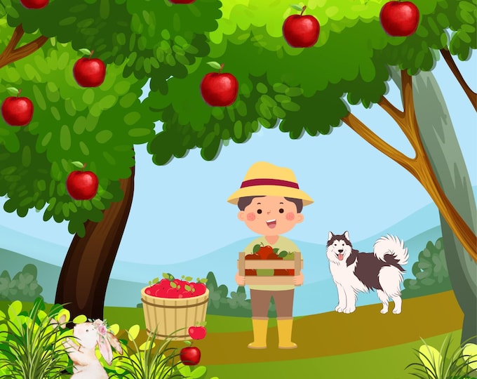 Boy Picking Apples with Bunny and Dog – 16x20 Fall Harvest Wall Art Print – Whimsical Country Farmhouse Decor for Kids Room or Nursery