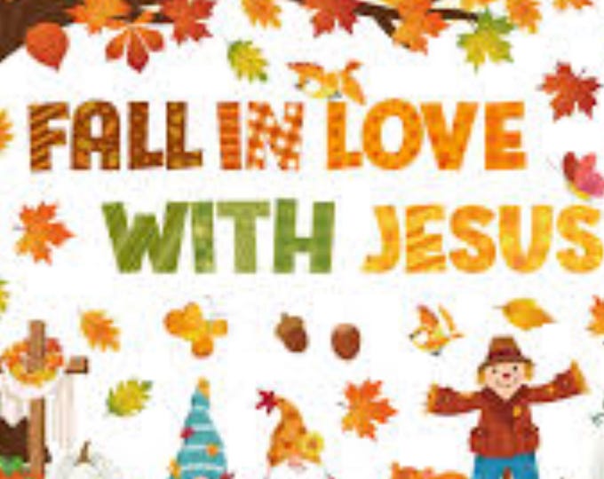 Fall Christian Wall Art 18x24, "Fall in Love with Jesus" Print, Autumn Decor with Tree, Gnomes, Pumpkins, Scarecrow & Cross, Faith Decor