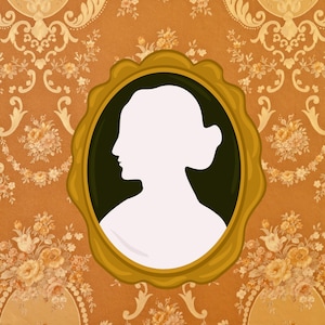 May include: An oval-shaped gold frame with a silhouette of a person's profile, set against a dark green background. The background features a floral pattern in shades of yellow and orange, creating a vintage aesthetic.