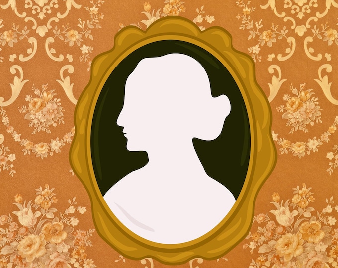 Vintage Cameo Art Print, Bronze Framed Silhouette with Antique Gold Background, Elegant Victorian Wall Decor