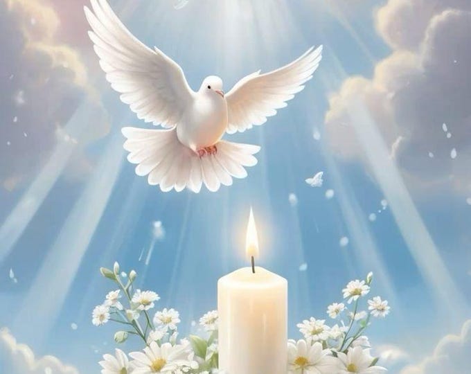 Dove flying in clouds with sun rays, 16x20 digital print with candle and flowers, Spiritual, Christian wall art, Dove Aesthetic
