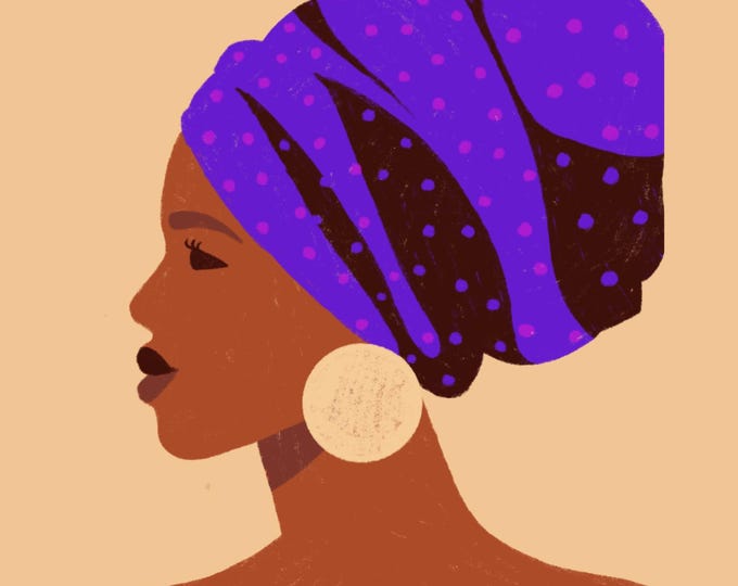 African Lady Side View Wall Art, 16x20 Print with Purple Dotted Turban, Afrocentric Home Decor, African Woman Profile Art Print.