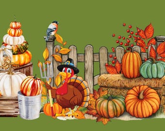 Large 60 x 20 Thanksgiving Wall Art | Fall Print with Turkey, Pumpkins, Candles, Lantern & Flowers | Rustic Autumn Harvest Decor