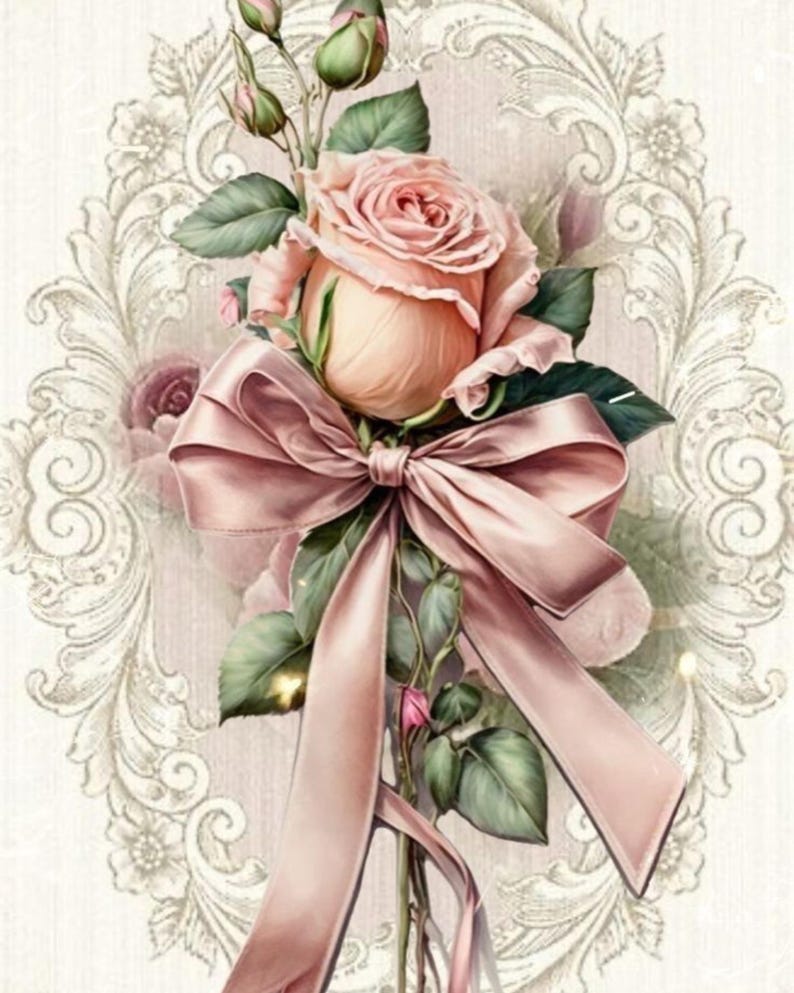 Victorian Pink Rose Bouquet With Ribbon, Vintage Botanical Wall Art ...