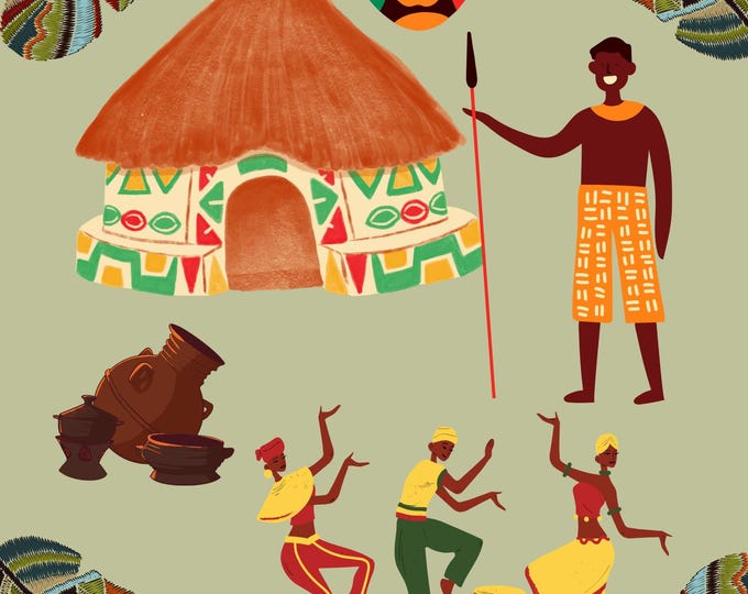 African Tribal Wall Art Print 16x20, Warrior with Spear, Hut, Feathers, Mask, Clay Pots, and Dancers, Cultural African Decor.
