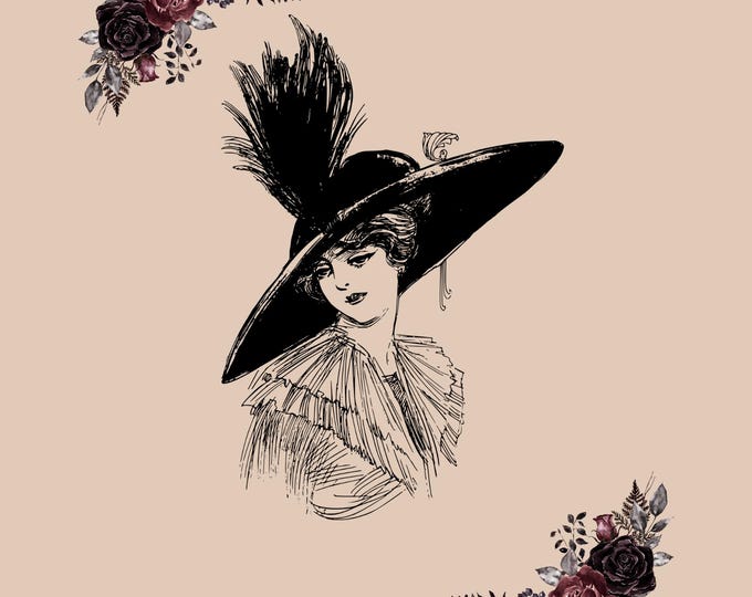 Victorian Lady with Roses Wall Art, Vintage Print with Hat, Floral Home Decor, Antique-Style Victorian Print, Shabby Chic Art, Elegance