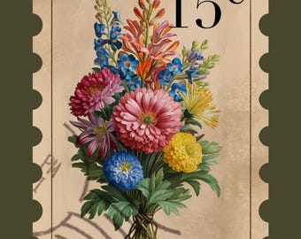 Vintage Floral Postage Stamp Prints: Set of 6, Retro Wall Art (Digital Download)