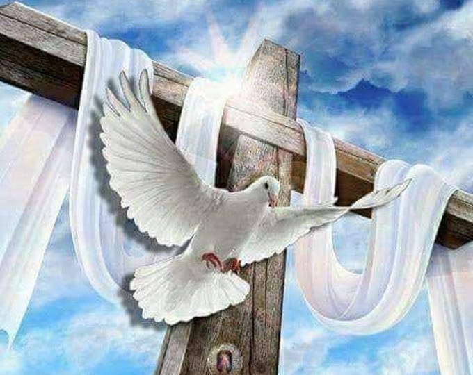 Resurrection Wall Art, Wooden cross with white cloth and dove, dove aesthetic, peaceful scene with cross and dove, hope