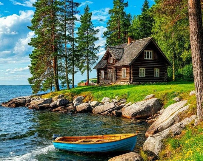 Waterfront Cottage Print, Peaceful Lake House Surrounded by Trees and Flowers with Rowboat, Nature Landscape Wall Art, Rustic Cabin Decor