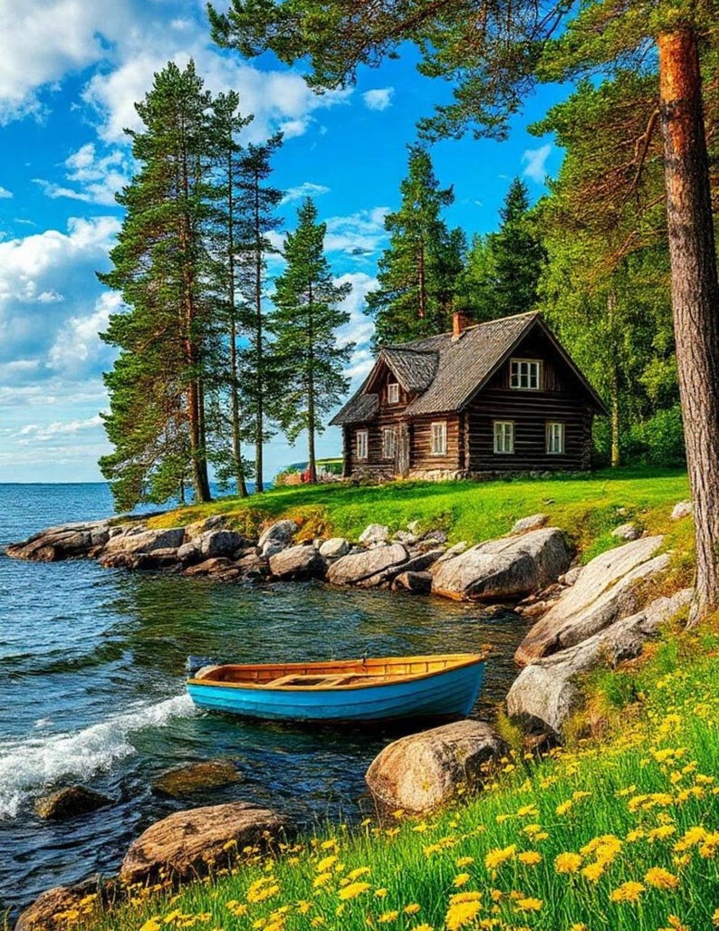 Waterfront Cottage Art Print: Rustic Lake House Landscape (digital ...