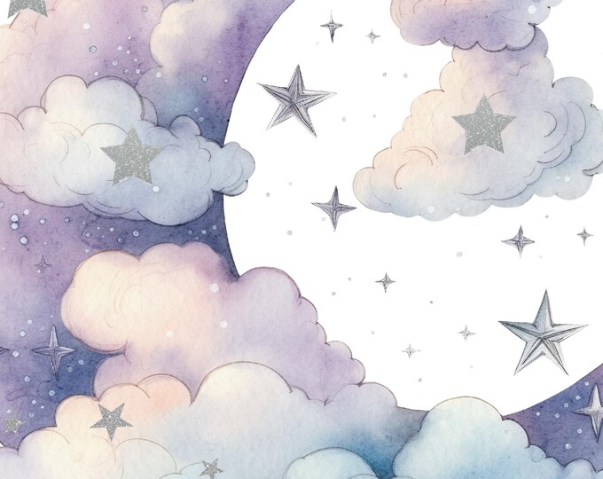 Moon and Stars Wall Art Print, 16x20 Celestial Night Sky Decor, Mystical Lunar Poster for Bedroom or Nursery