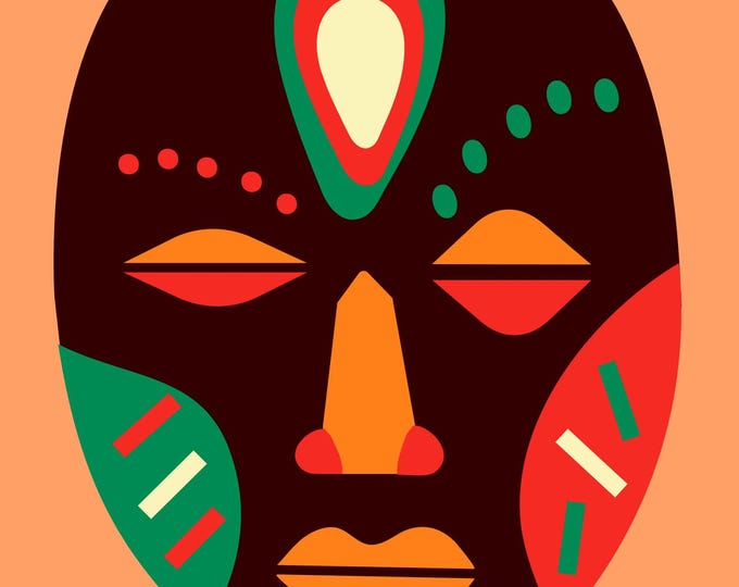Colorful African Mask Wall Art, Tribal Mask with Handprints and Maracas, Black, Orange, Green, Red, and Beige, Ethnic Decor Print