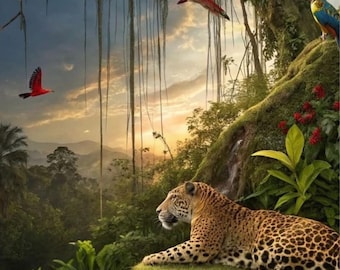 Leopard, Birds & Tropical Flowers Jungle Print: Lush Nature Wall Art (Digital Download)